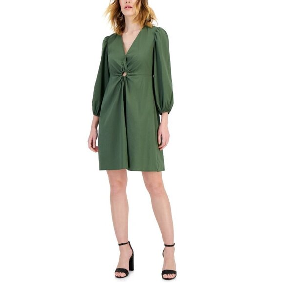 I.N.C. International Concepts Women's Green V-Neck Puff Sleeve Mini Dress NWT - Picture 1 of 7